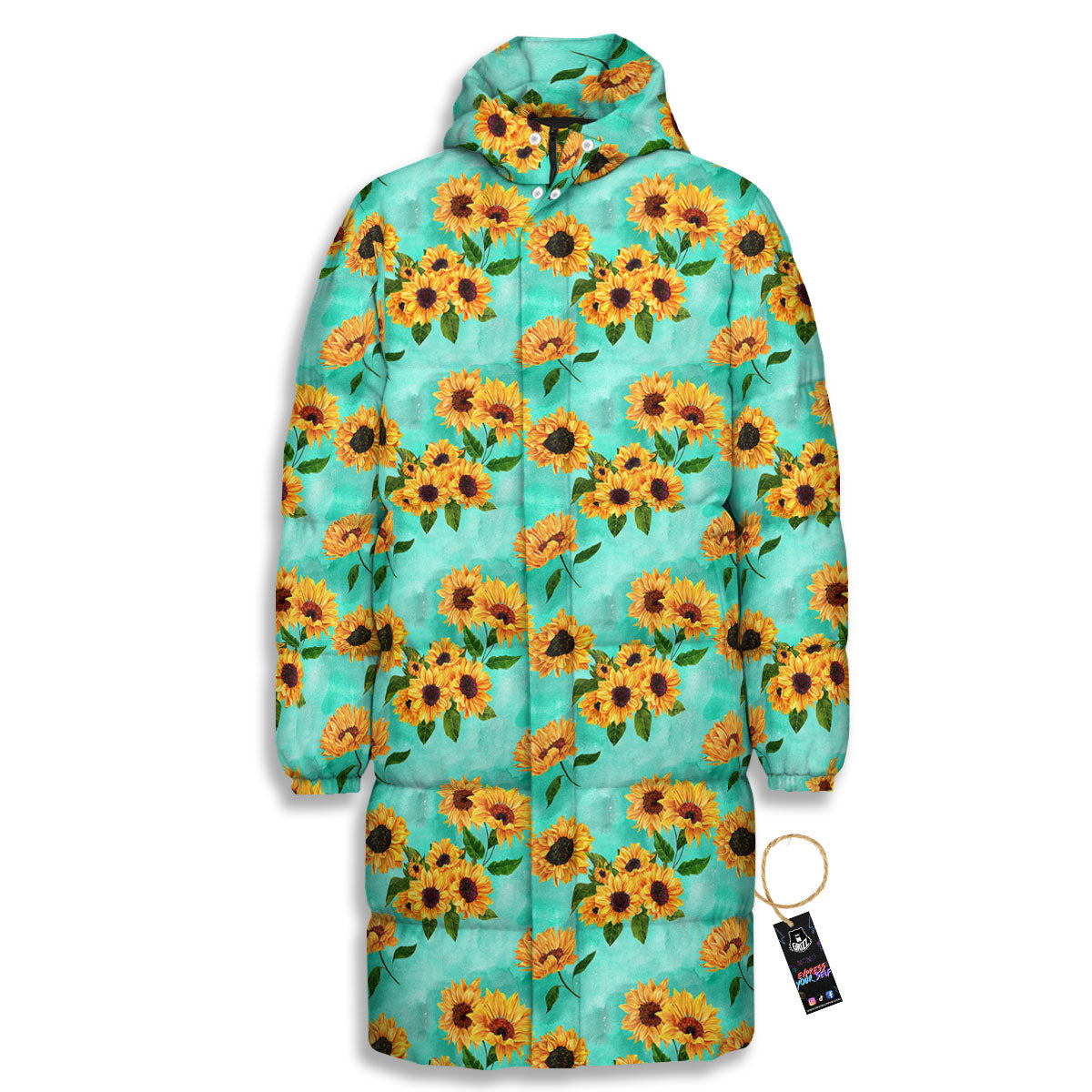 Sunflower Watercolor Blue Print Pattern Long Down Jacket-grizzshop