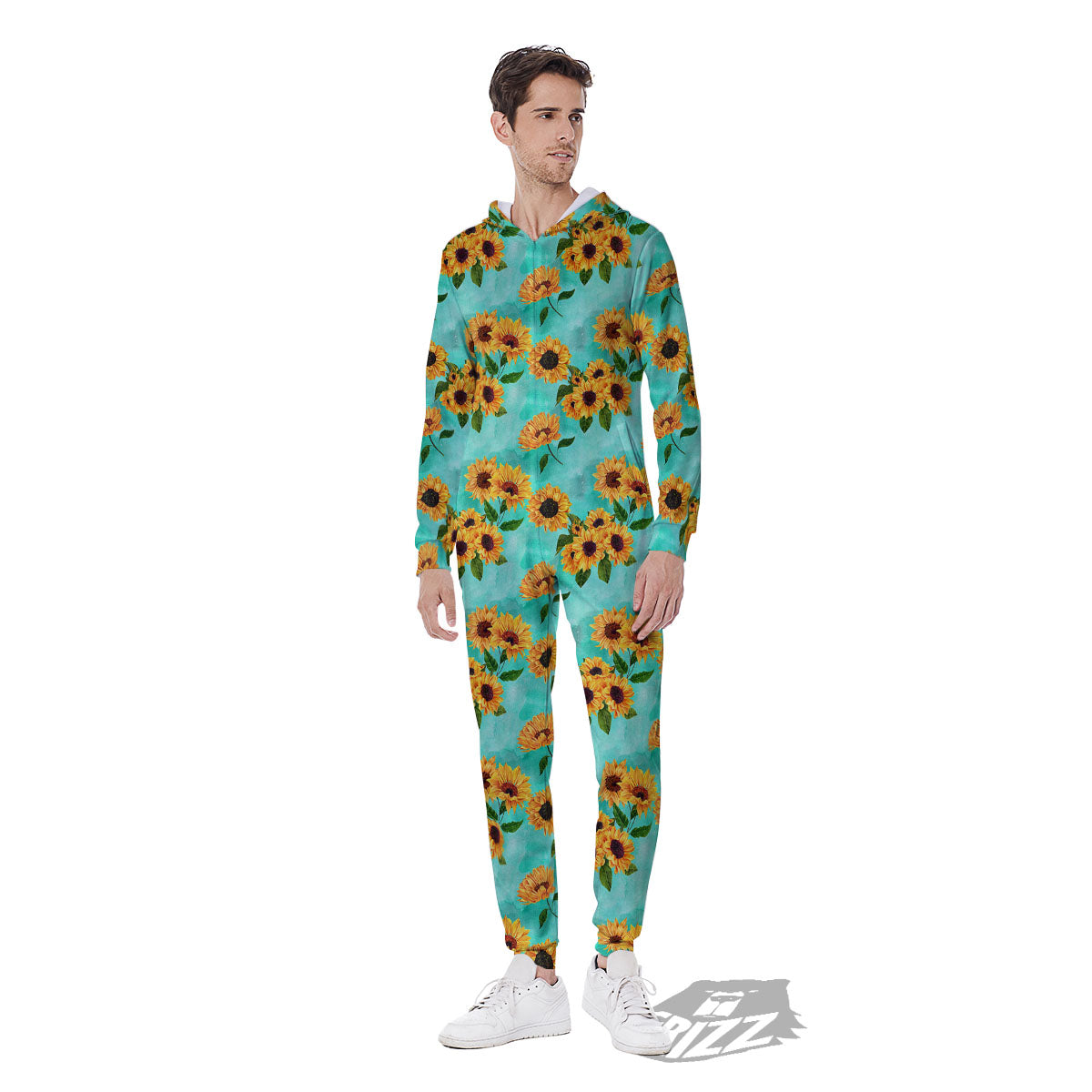 Sunflower Watercolor Blue Print Pattern Men's Jumpsuit-grizzshop
