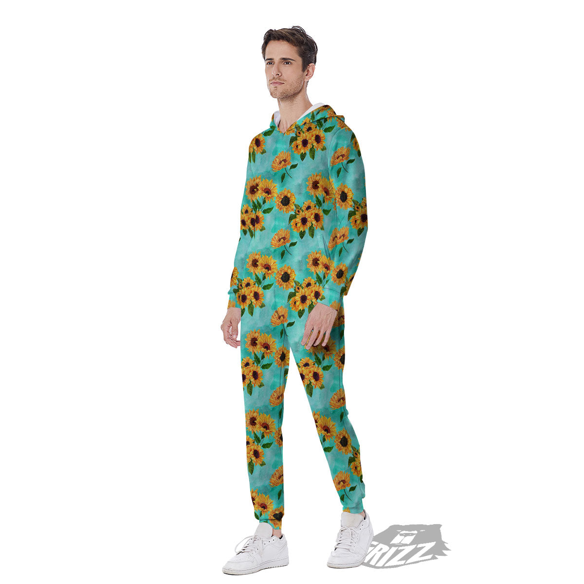 Sunflower Watercolor Blue Print Pattern Men's Jumpsuit-grizzshop