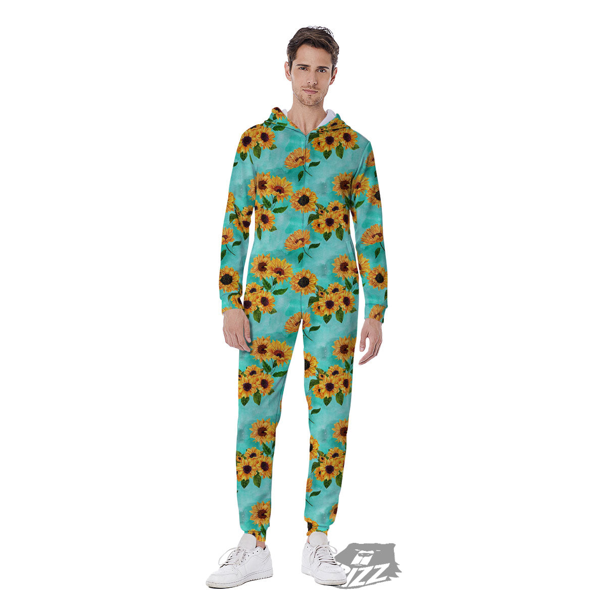 Sunflower Watercolor Blue Print Pattern Men's Jumpsuit-grizzshop
