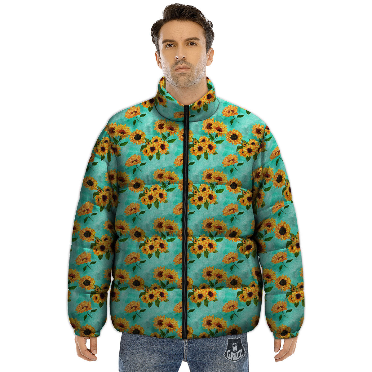 Sunflower Watercolor Blue Print Pattern Puffer Jacket-grizzshop