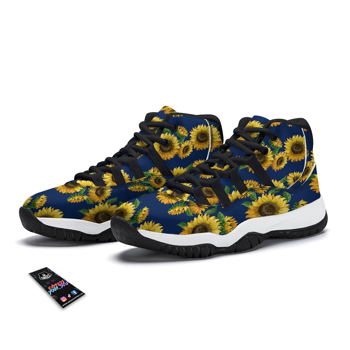 Sunflower Watercolor Print Pattern Black Bball Shoes-grizzshop