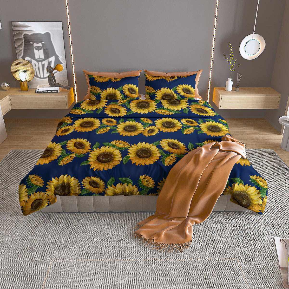 Sunflower Watercolor Print Pattern Duvet Cover Bedding Set