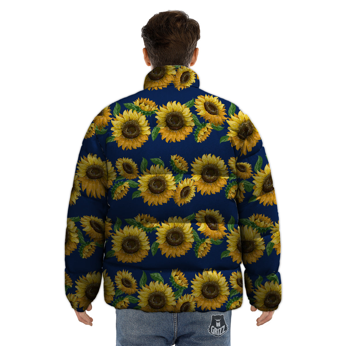 Sunflower Watercolor Print Pattern Puffer Jacket-grizzshop