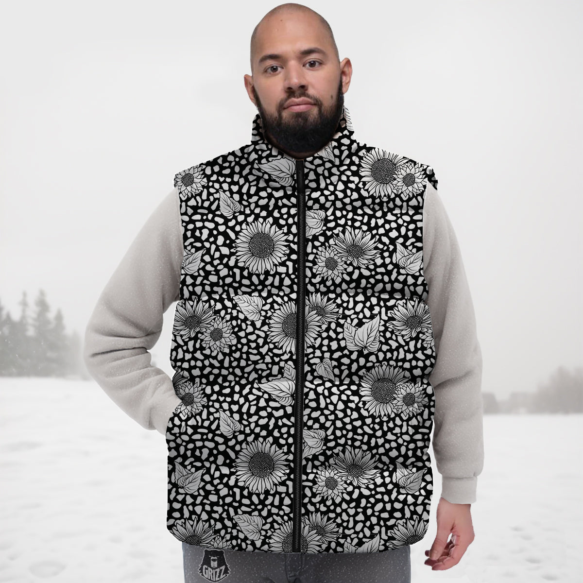 Sunflower White And Black Print Pattern Down Vest