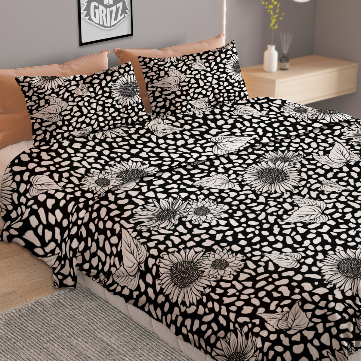 Sunflower White And Black Print Pattern Duvet Cover Bedding Set