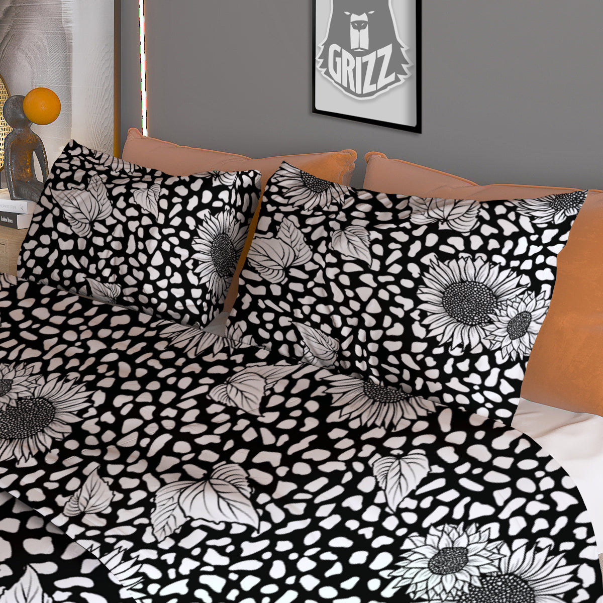 Sunflower White And Black Print Pattern Duvet Cover Bedding Set