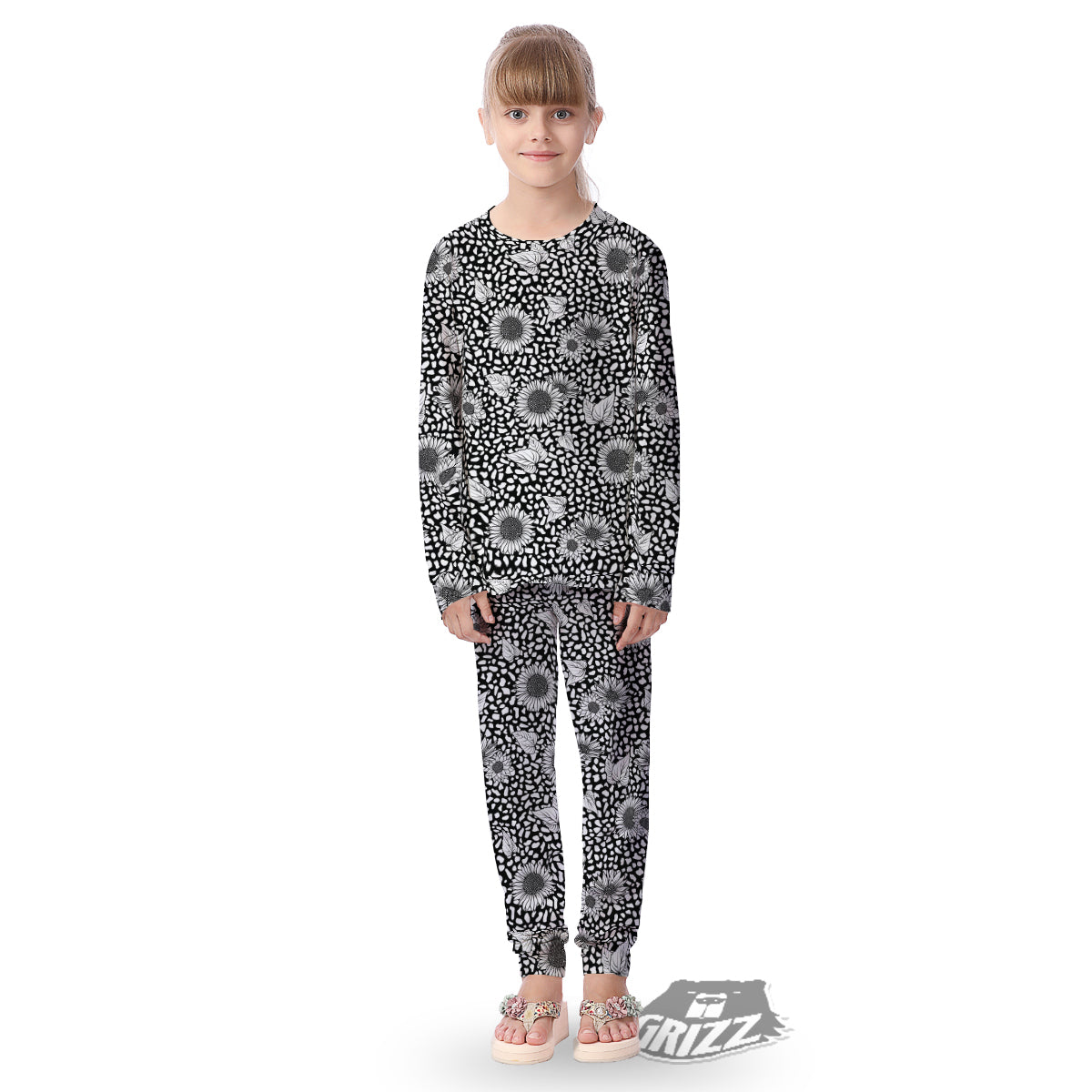 Sunflower White And Black Print Pattern Kid's Pajamas-grizzshop