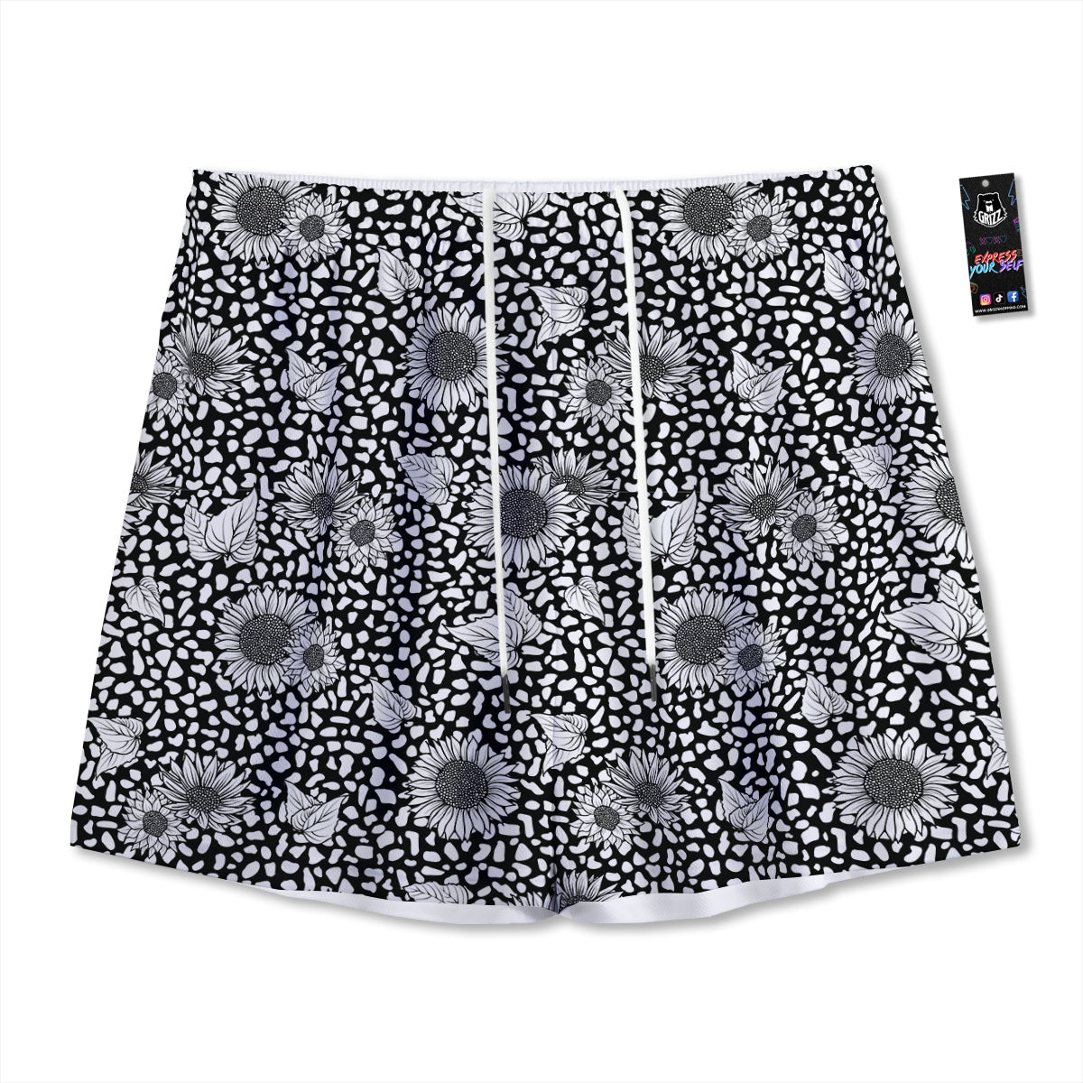 Sunflower White And Black Print Pattern Mesh Shorts