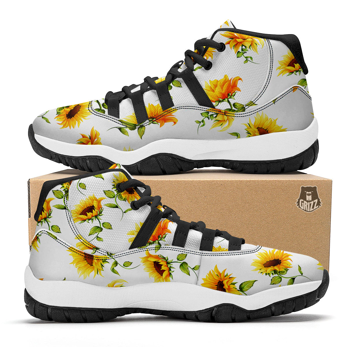 Sunflower White Watercolor Print Pattern Black Bball Shoes-grizzshop