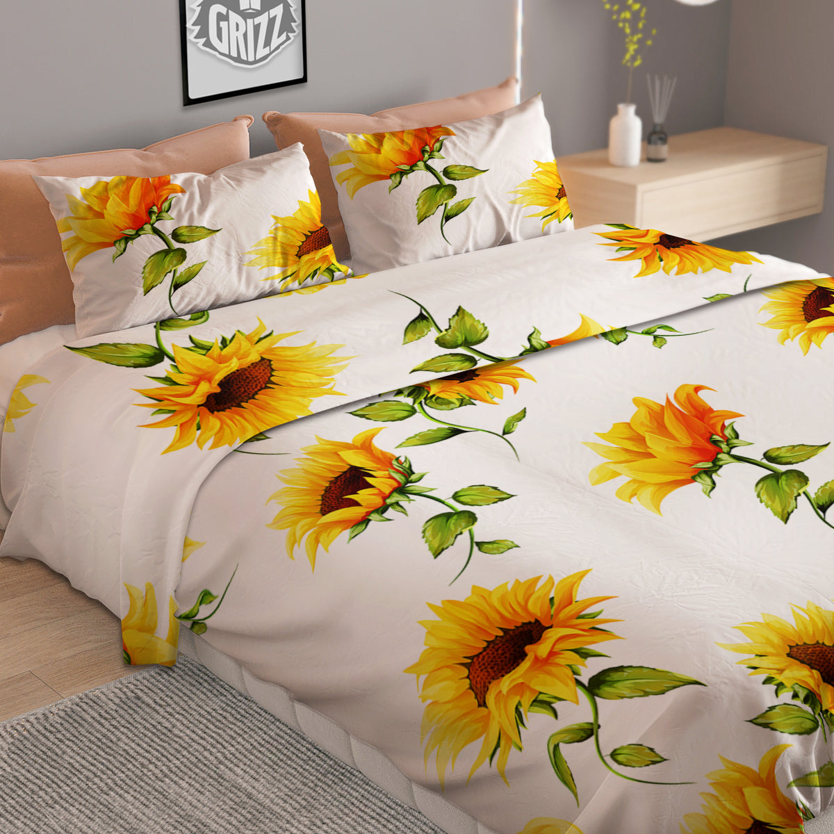Sunflower White Watercolor Print Pattern Duvet Cover Bedding Set