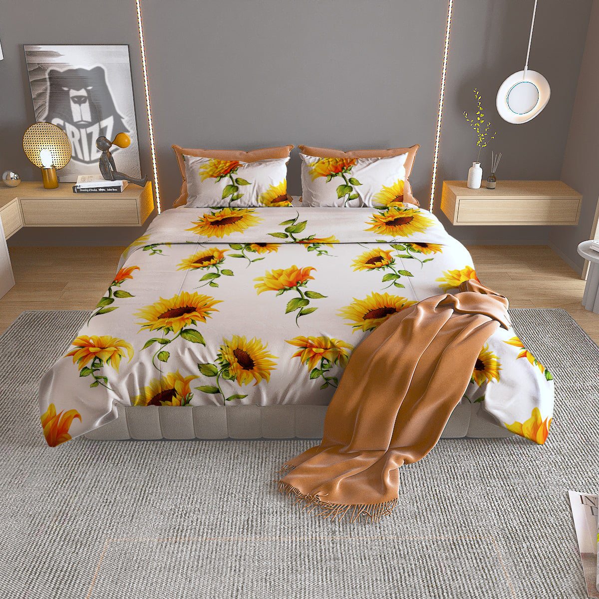 Sunflower White Watercolor Print Pattern Duvet Cover Bedding Set