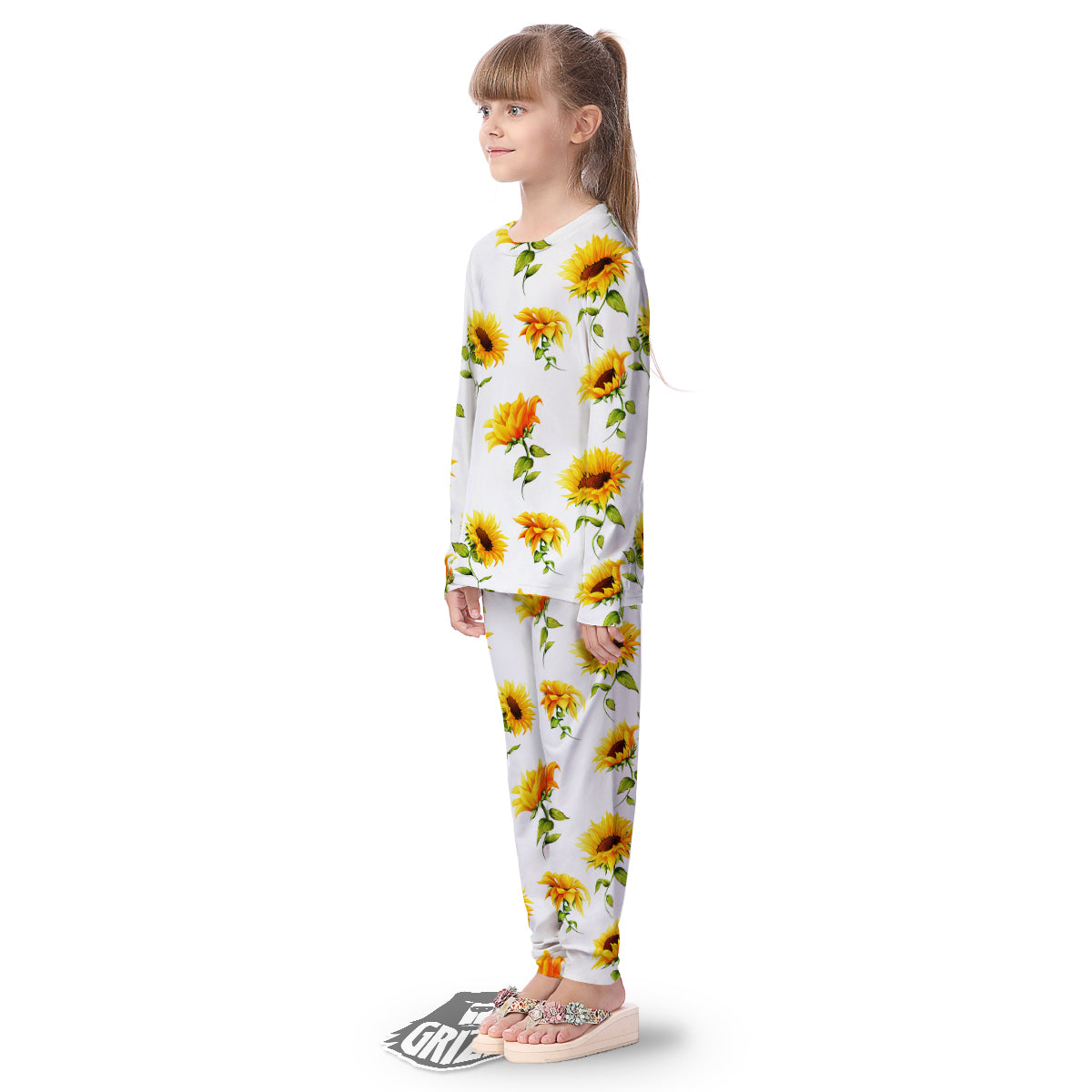 Sunflower White Watercolor Print Pattern Kid's Pajamas-grizzshop