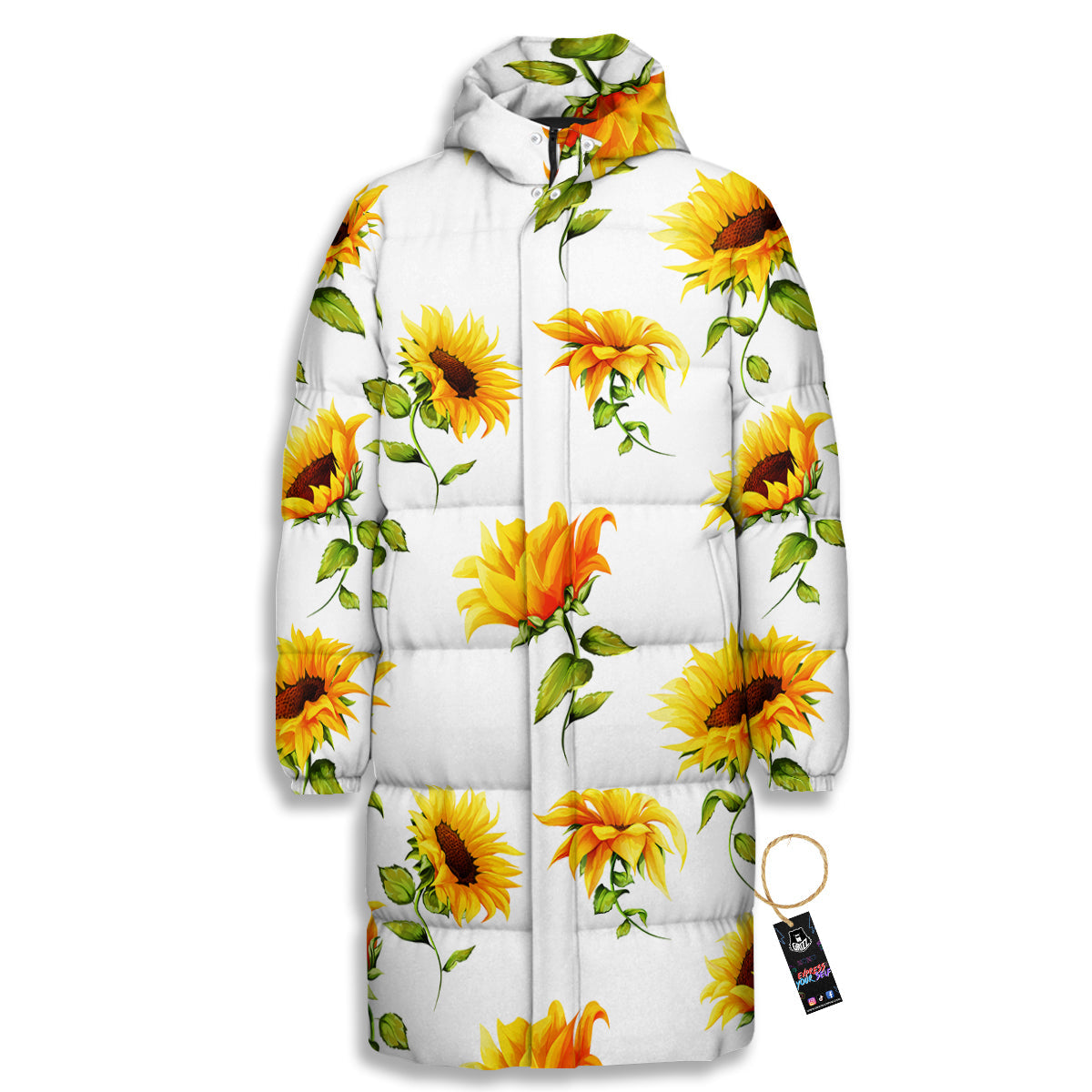 Sunflower White Watercolor Print Pattern Long Down Jacket-grizzshop