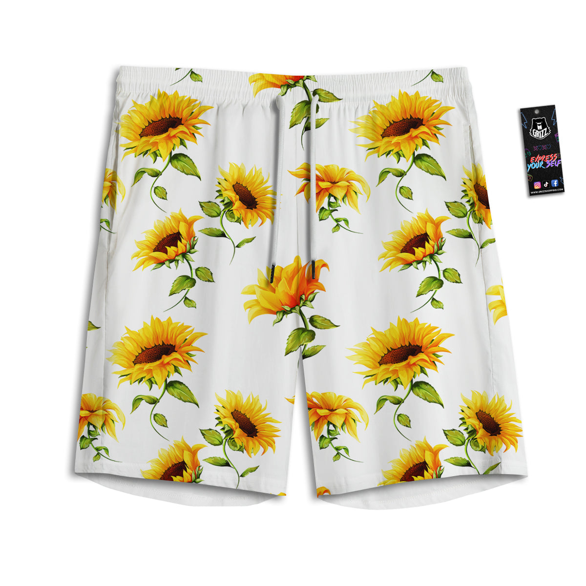 Sunflower White Watercolor Print Pattern Men's Athletic Shorts