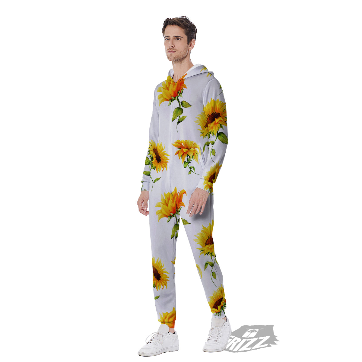 Sunflower White Watercolor Print Pattern Men's Jumpsuit-grizzshop