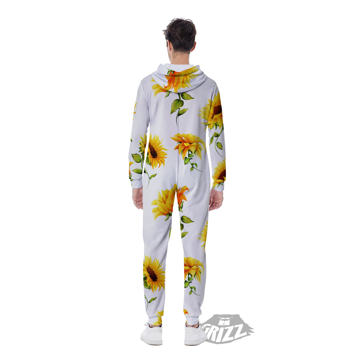Sunflower White Watercolor Print Pattern Men's Jumpsuit-grizzshop