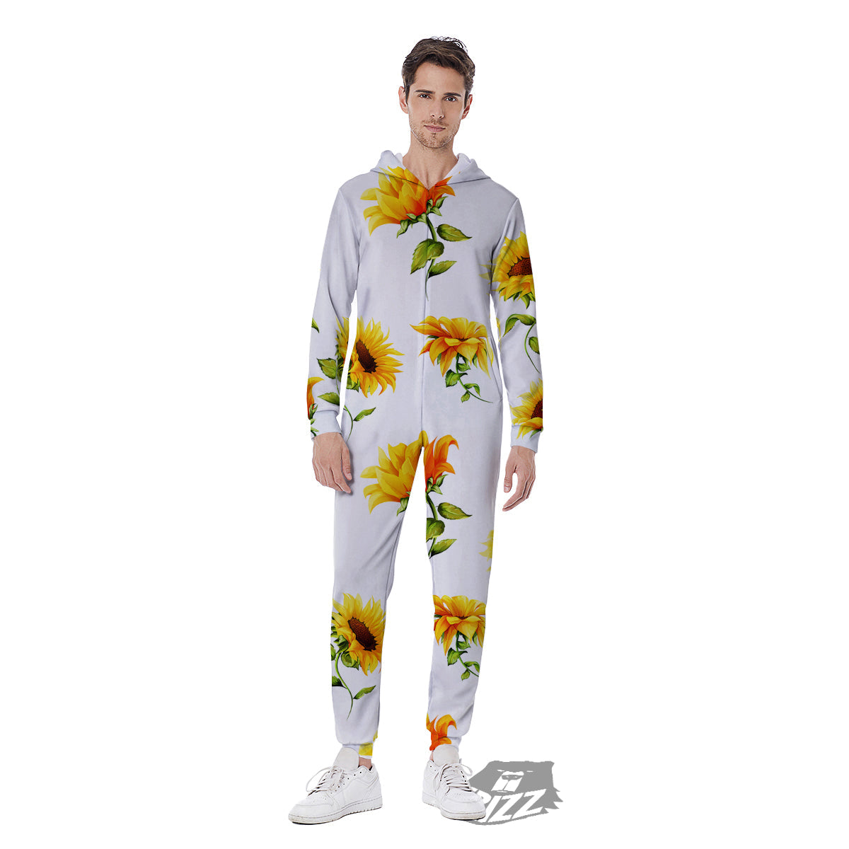 Sunflower White Watercolor Print Pattern Men's Jumpsuit-grizzshop