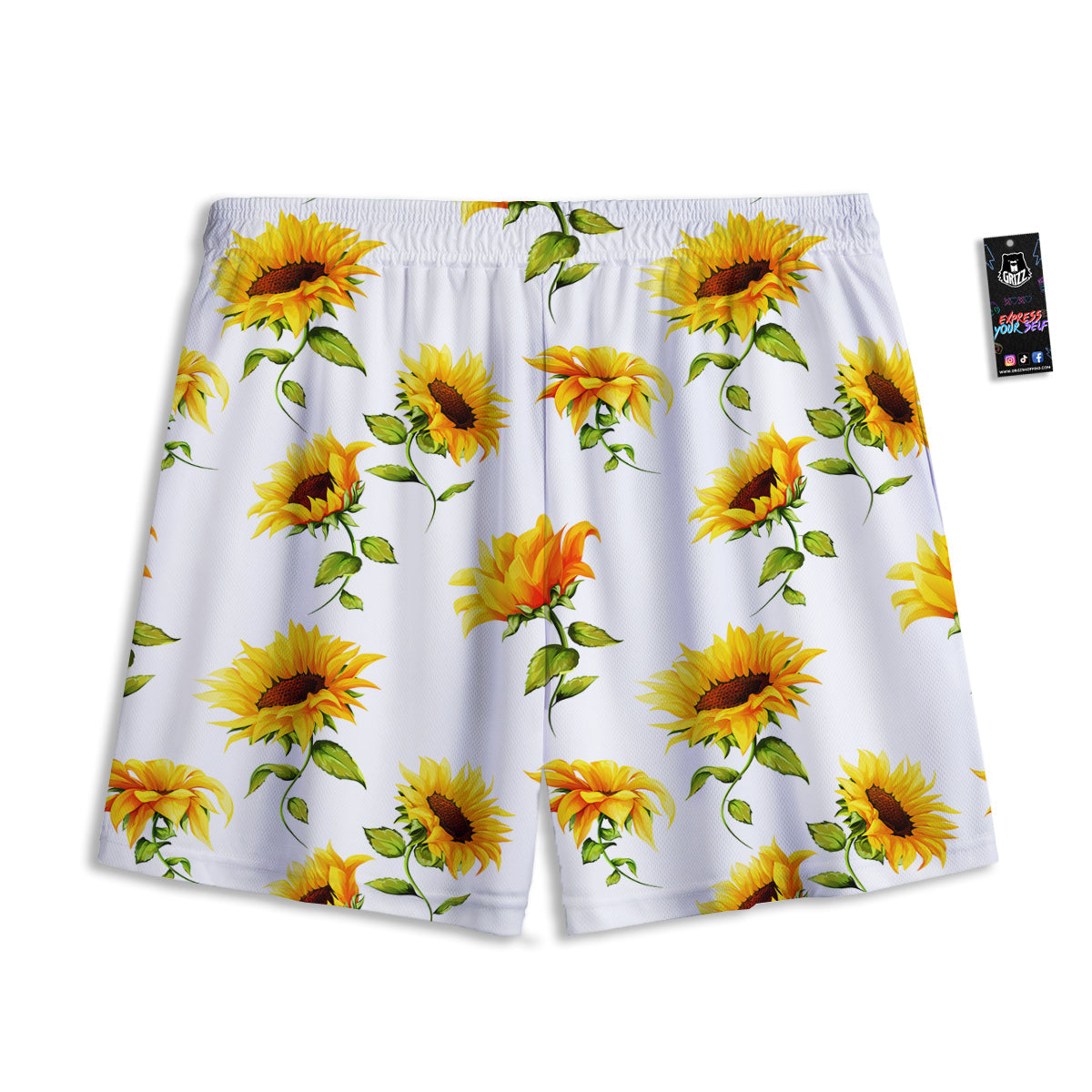 Sunflower White Watercolor Print Pattern Mesh Shorts