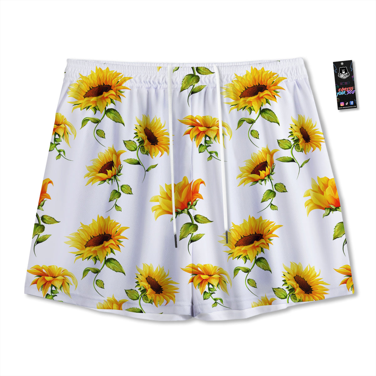 Sunflower White Watercolor Print Pattern Mesh Shorts