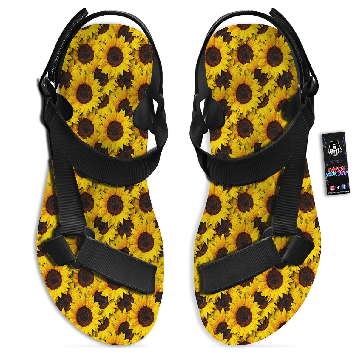 Sunflower Yellow Print Pattern Black Open Toe Sandals-grizzshop