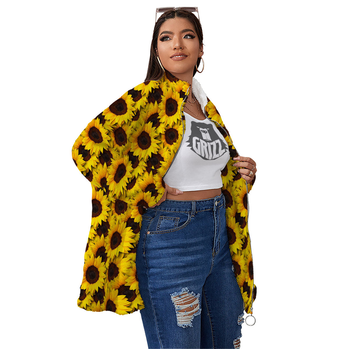 Sunflower Yellow Print Pattern Women's Sherpa Jacket-grizzshop