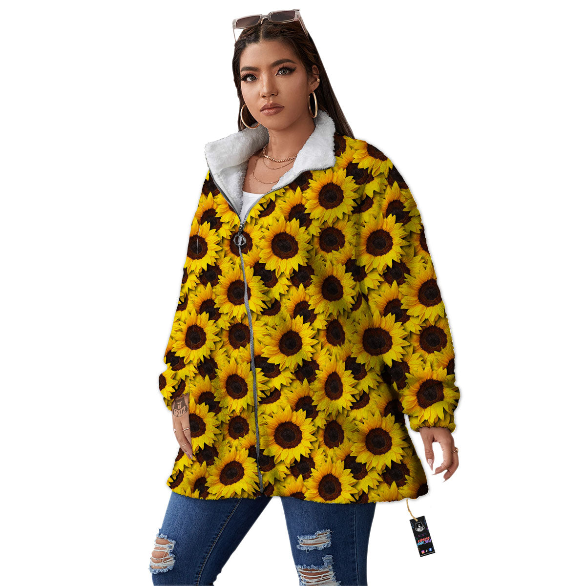 Sunflower Yellow Print Pattern Women's Sherpa Jacket-grizzshop