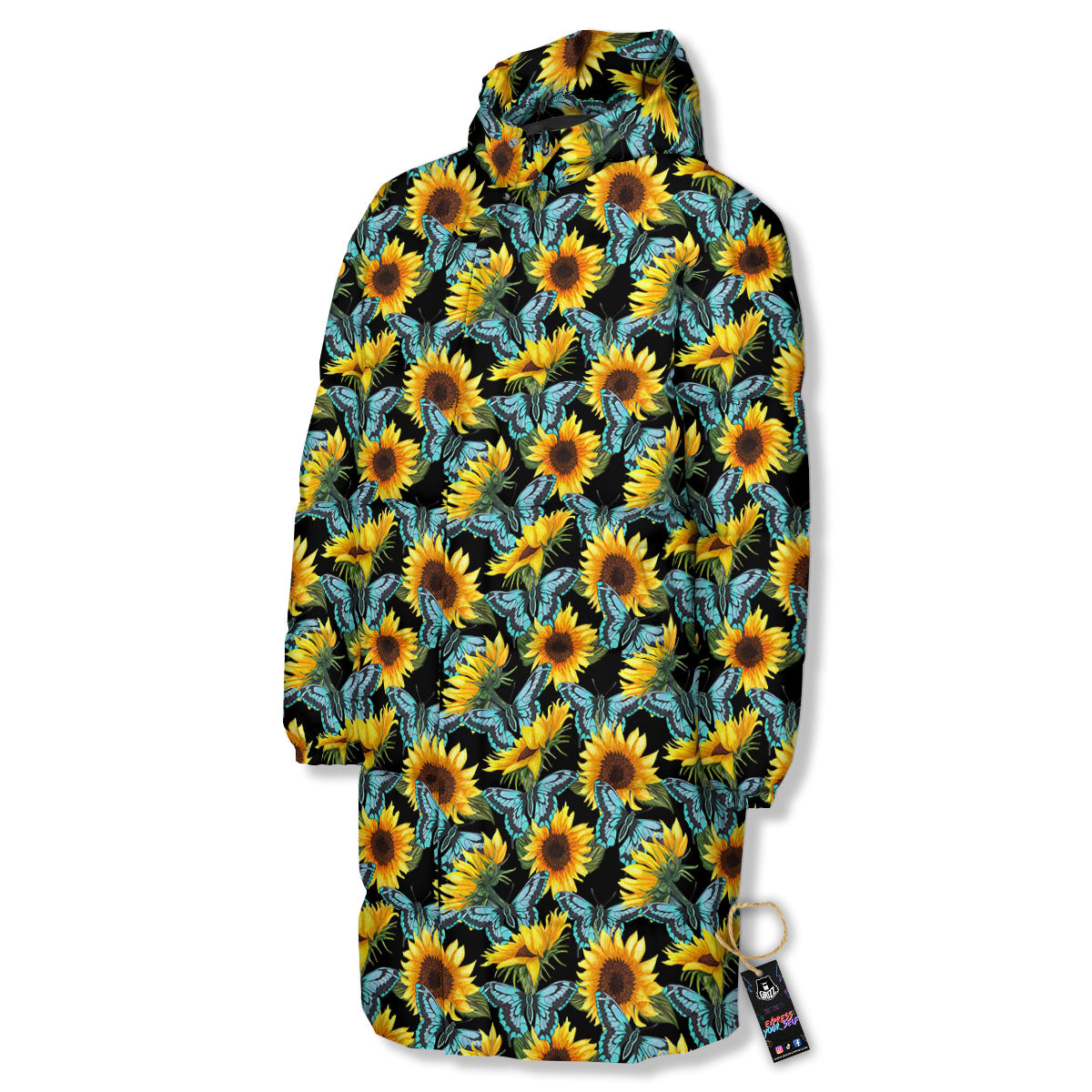 Sunflower Blue Butterfly Print Pattern Long Down Jacket