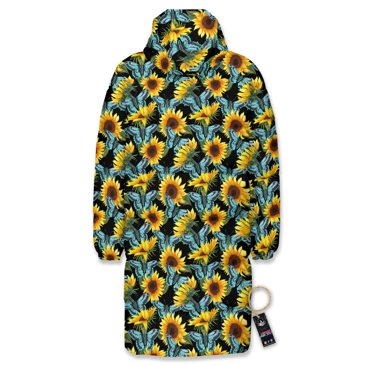 Sunflower Blue Butterfly Print Pattern Long Down Jacket