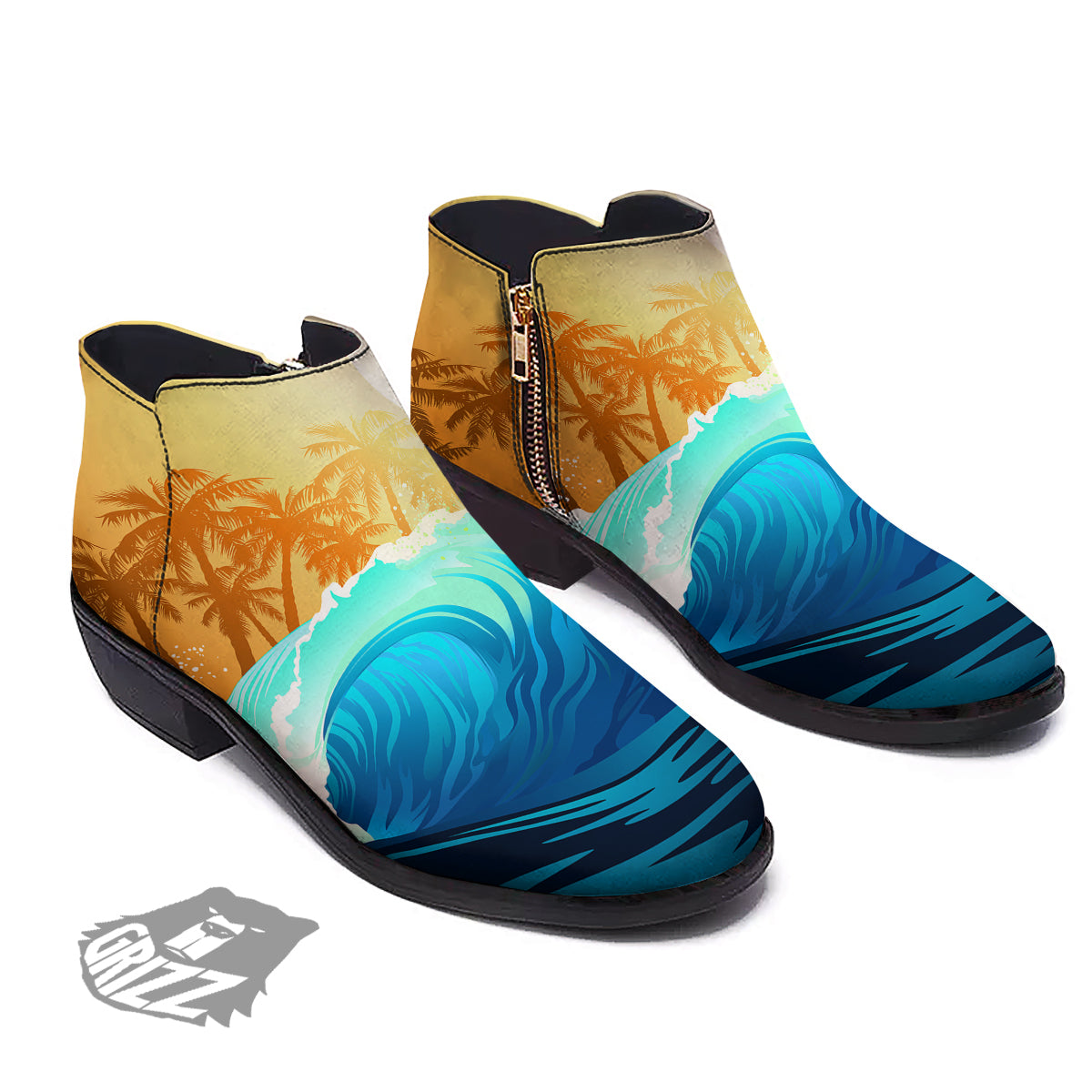 Sunrise Tropical Surfing Wave Print Ankle Boots-grizzshop