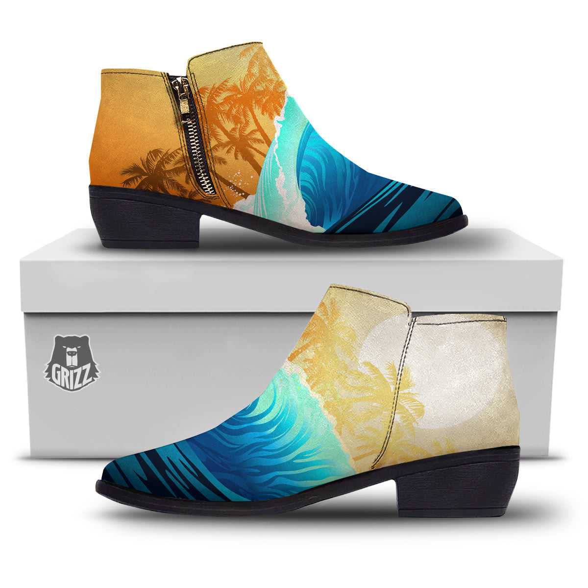 Sunrise Tropical Surfing Wave Print Ankle Boots-grizzshop