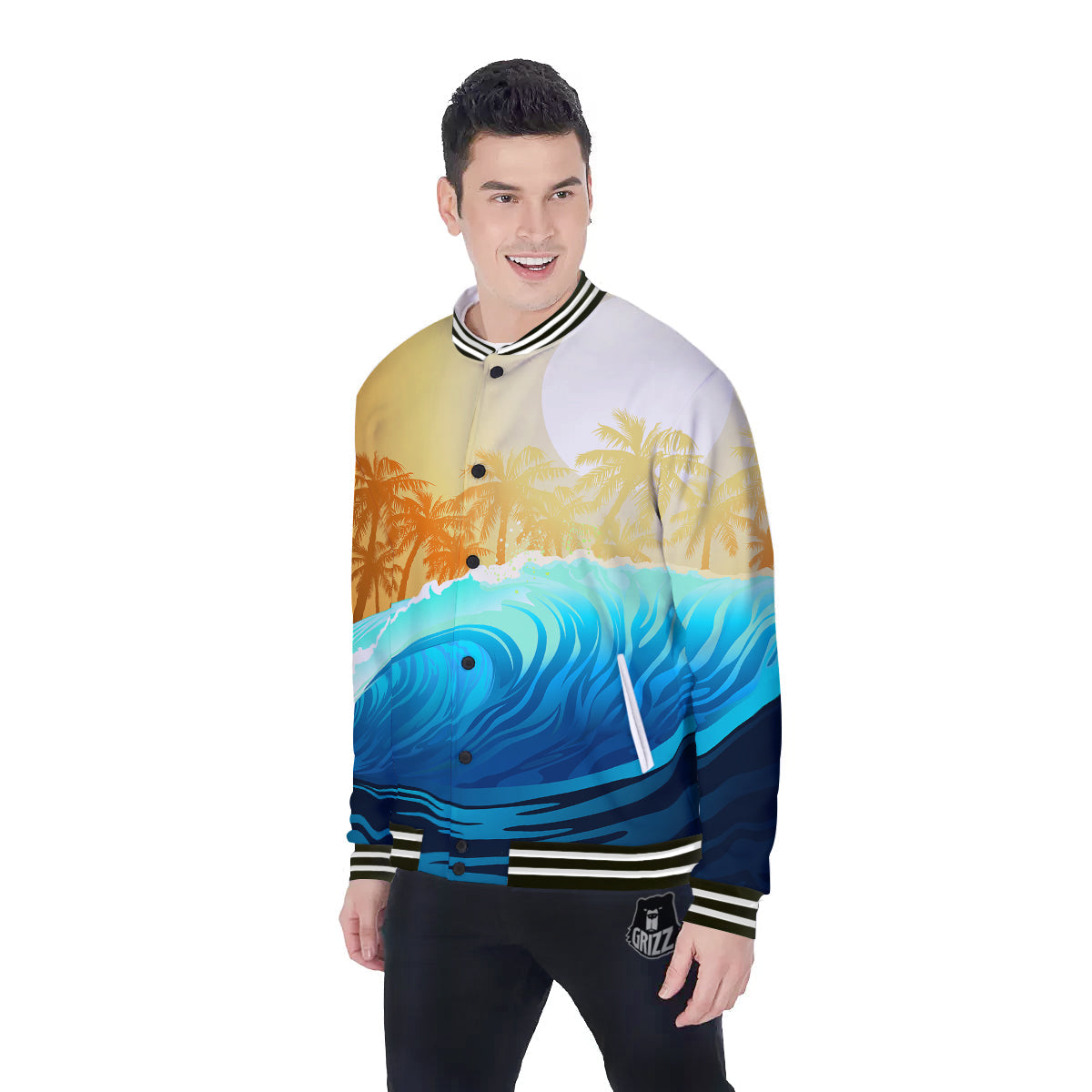 Sunrise Tropical Surfing Wave Print Baseball Jacket-grizzshop
