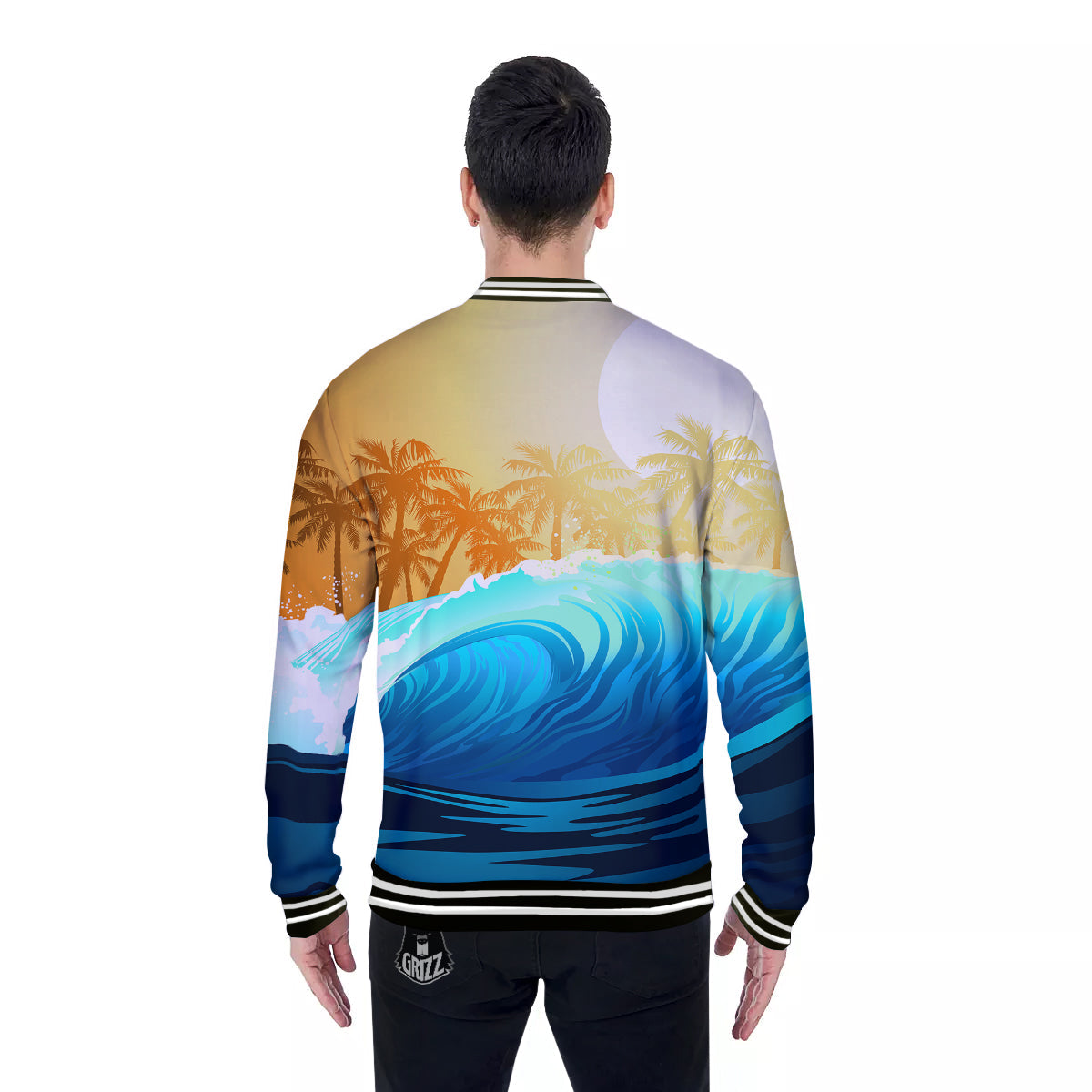 Sunrise Tropical Surfing Wave Print Baseball Jacket-grizzshop