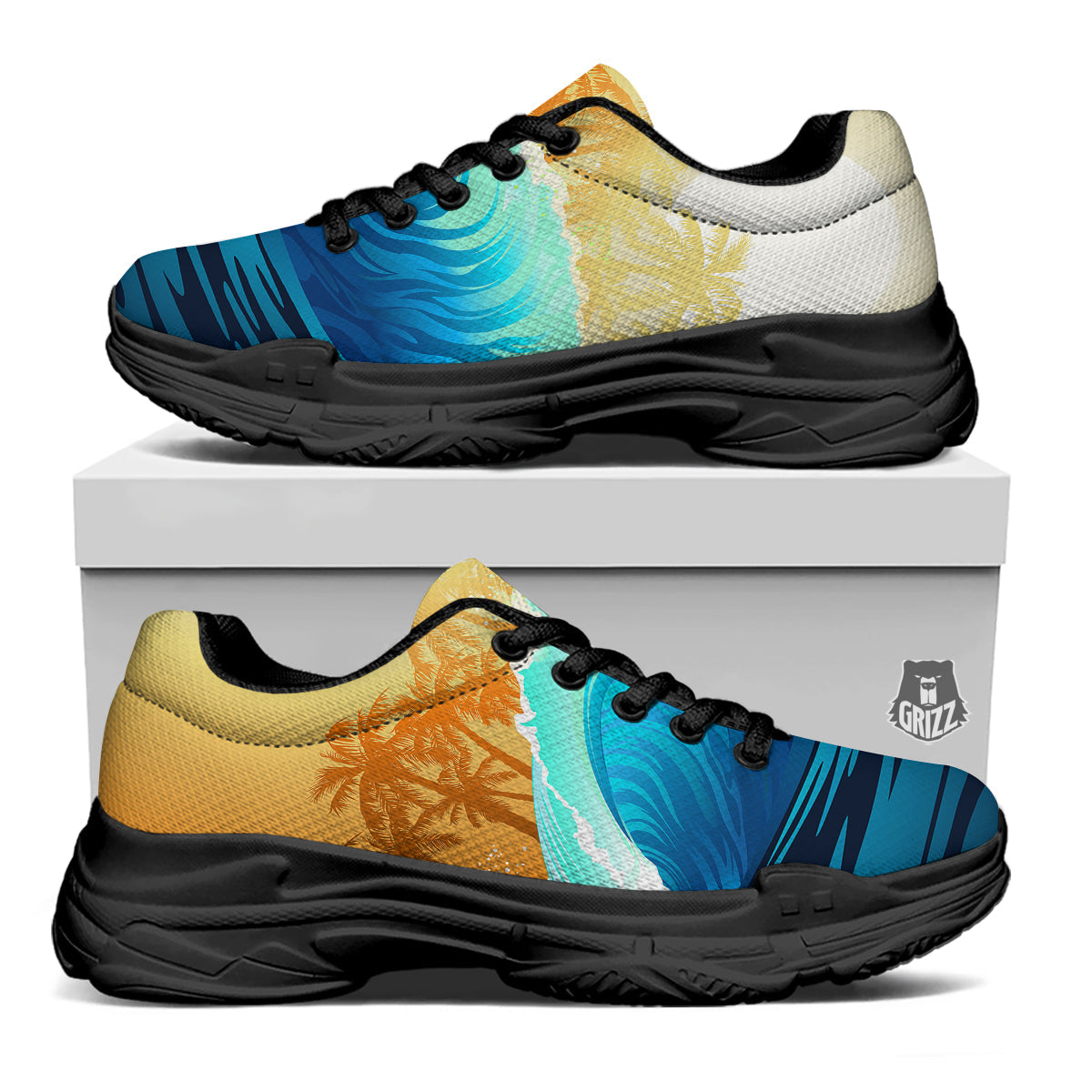 Sunrise Tropical Surfing Wave Print Black Chunky Shoes-grizzshop