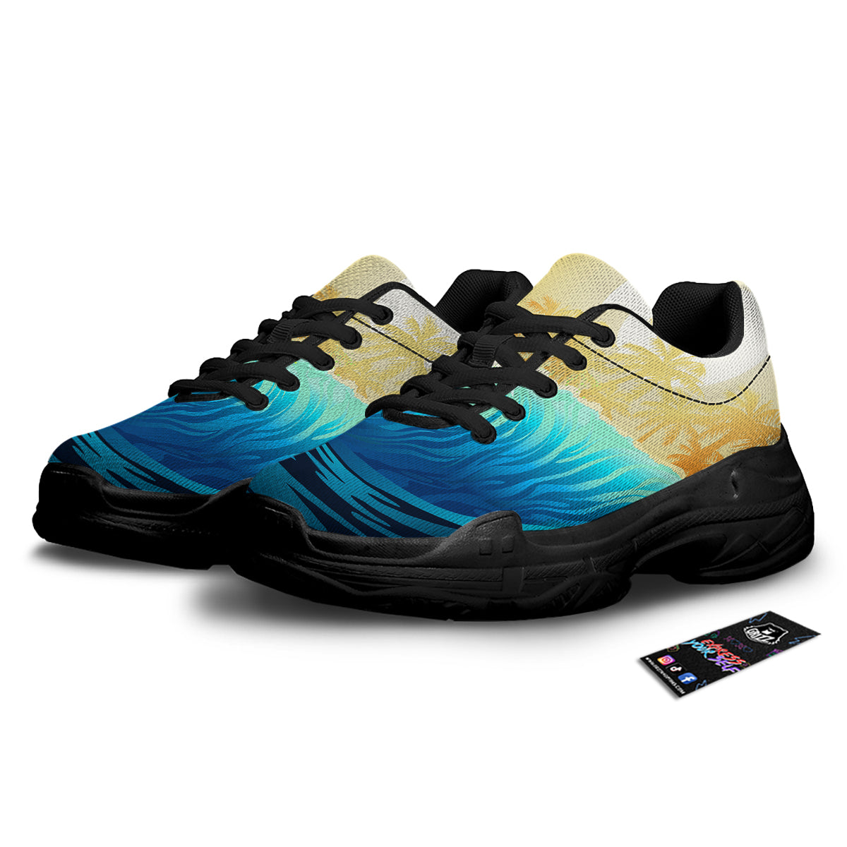 Sunrise Tropical Surfing Wave Print Black Chunky Shoes-grizzshop