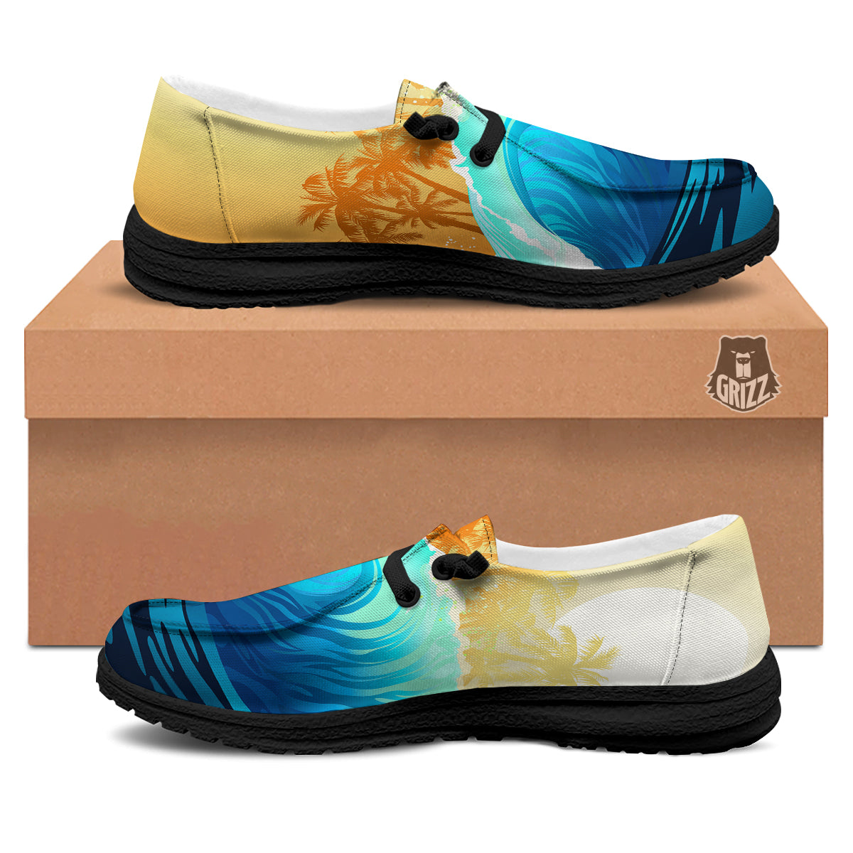 Sunrise Tropical Surfing Wave Print Black Loafers-grizzshop