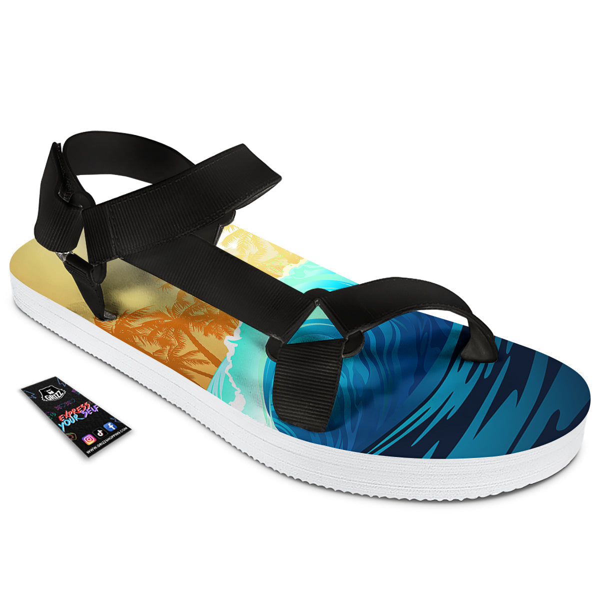 Sunrise Tropical Surfing Wave Print Black Open Toe Sandals-grizzshop