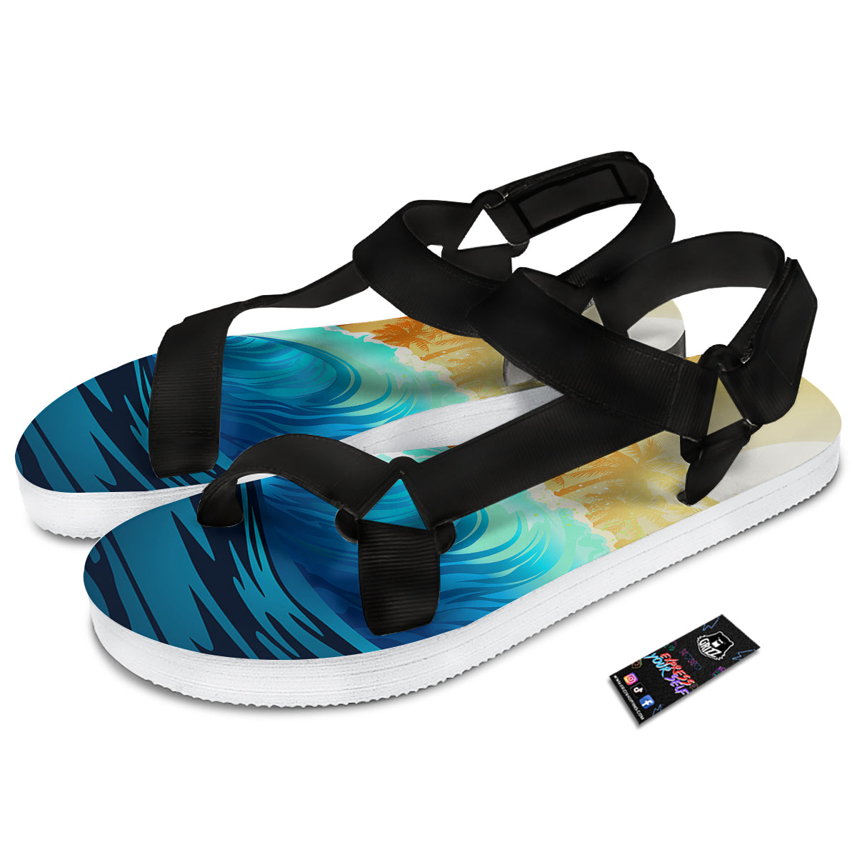 Sunrise Tropical Surfing Wave Print Black Open Toe Sandals-grizzshop