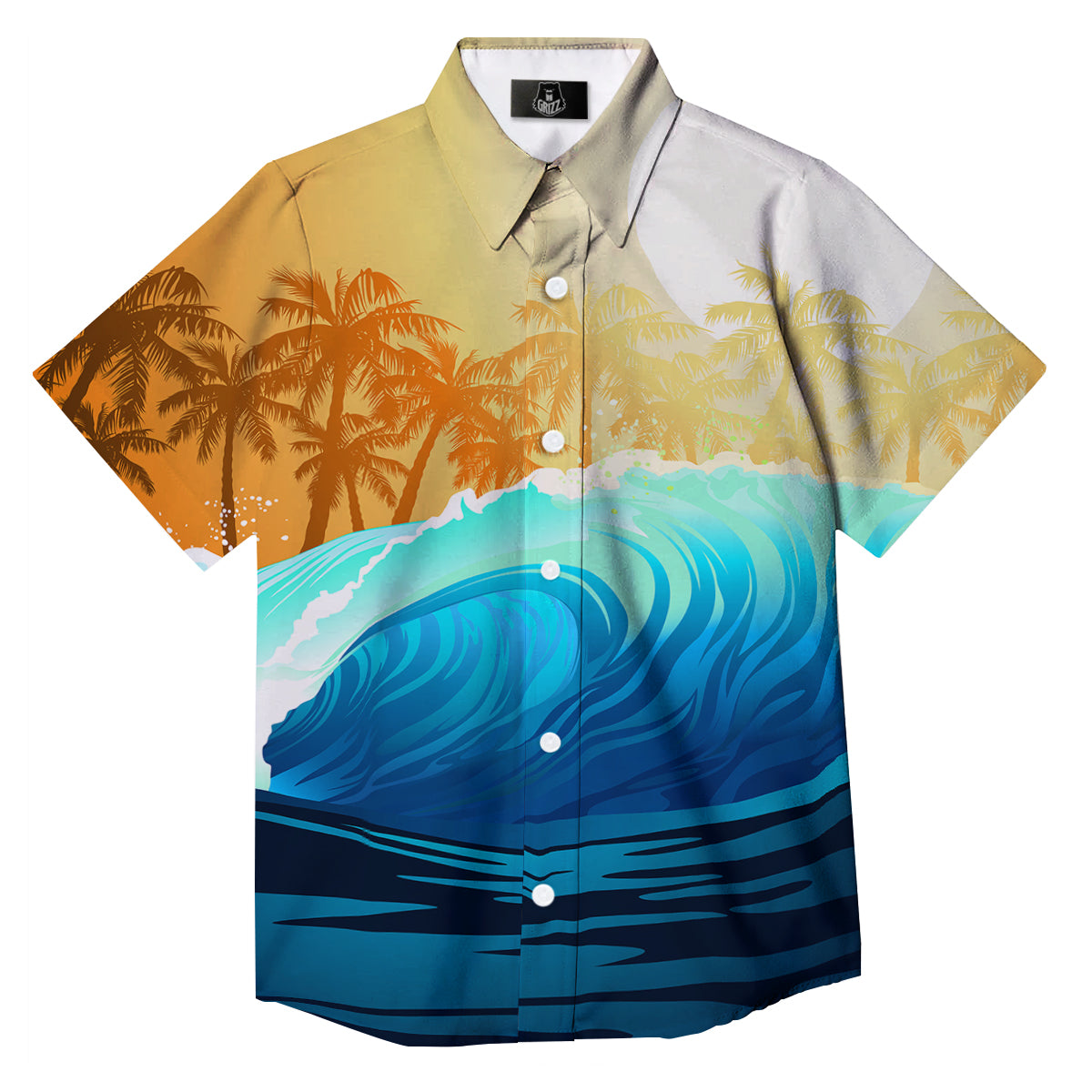 Sunrise Tropical Surfing Wave Print Button Up Shirt-grizzshop