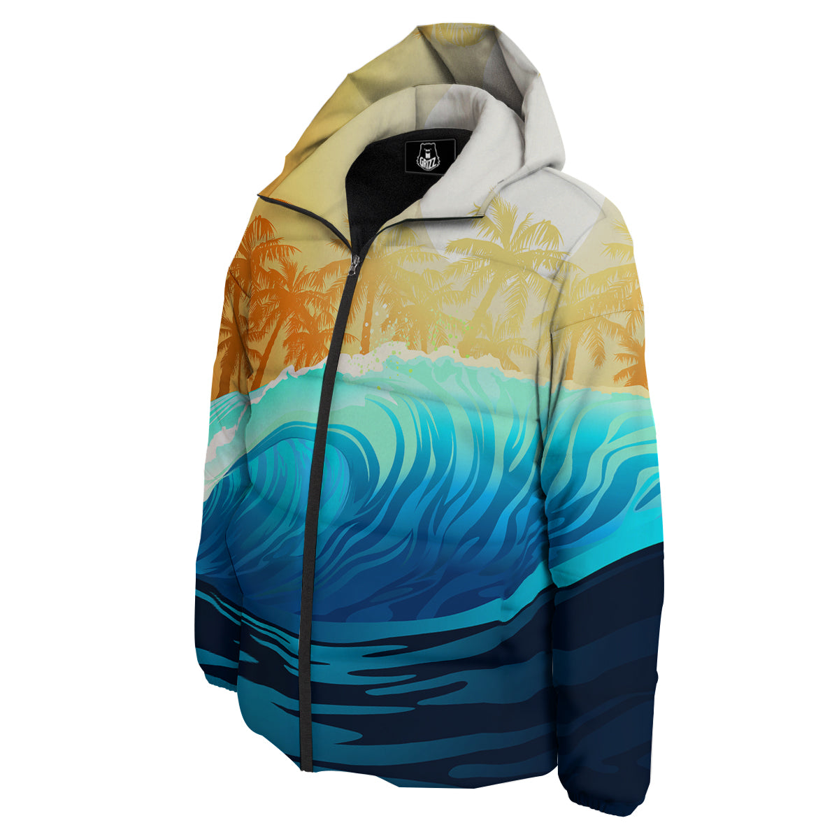 Sunrise Tropical Surfing Wave Print Down Jacket-grizzshop