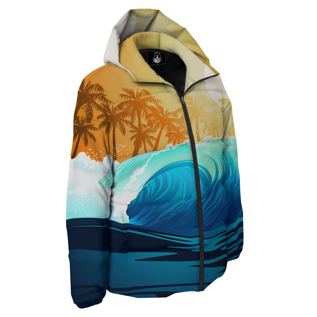 Sunrise Tropical Surfing Wave Print Down Jacket-grizzshop