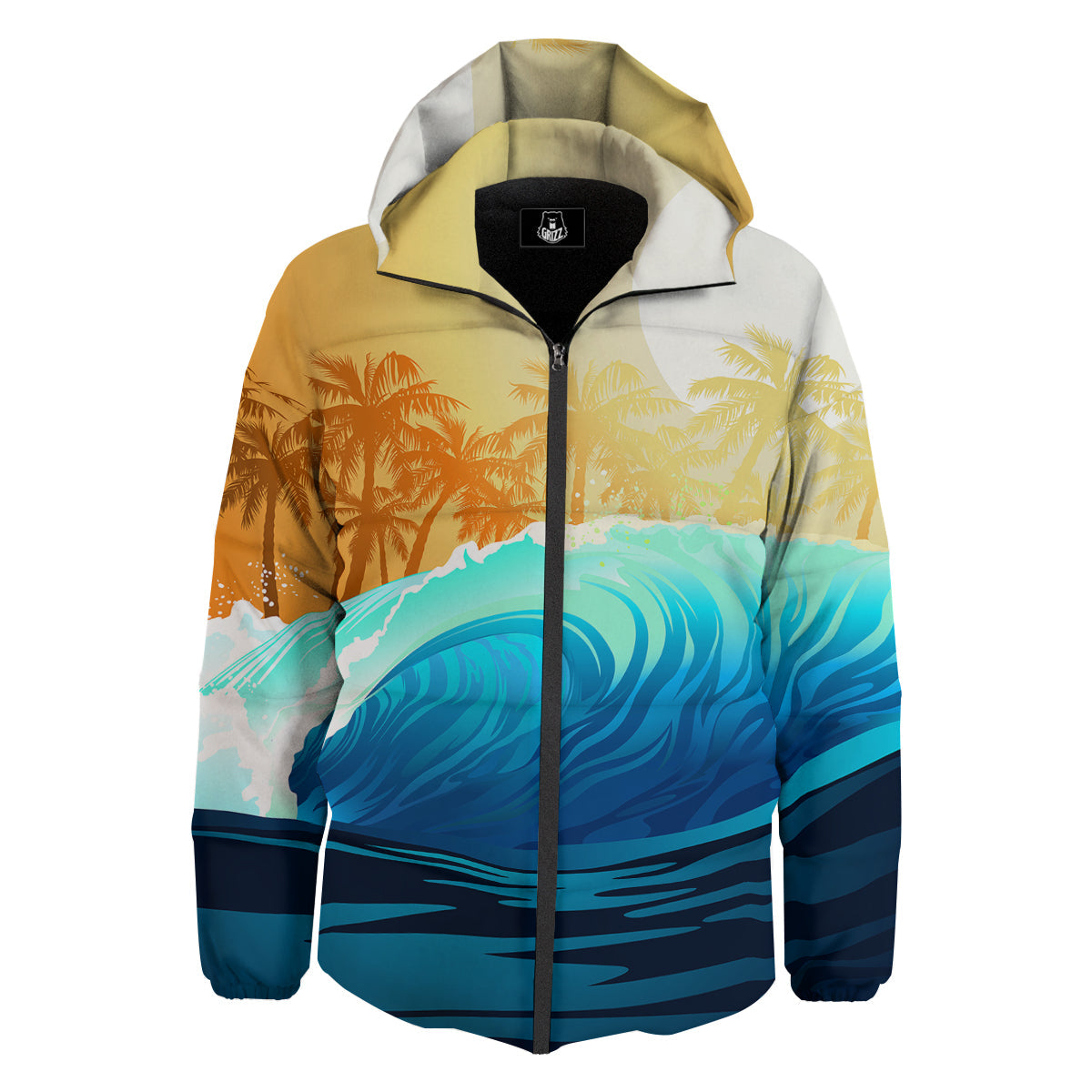 Sunrise Tropical Surfing Wave Print Down Jacket-grizzshop