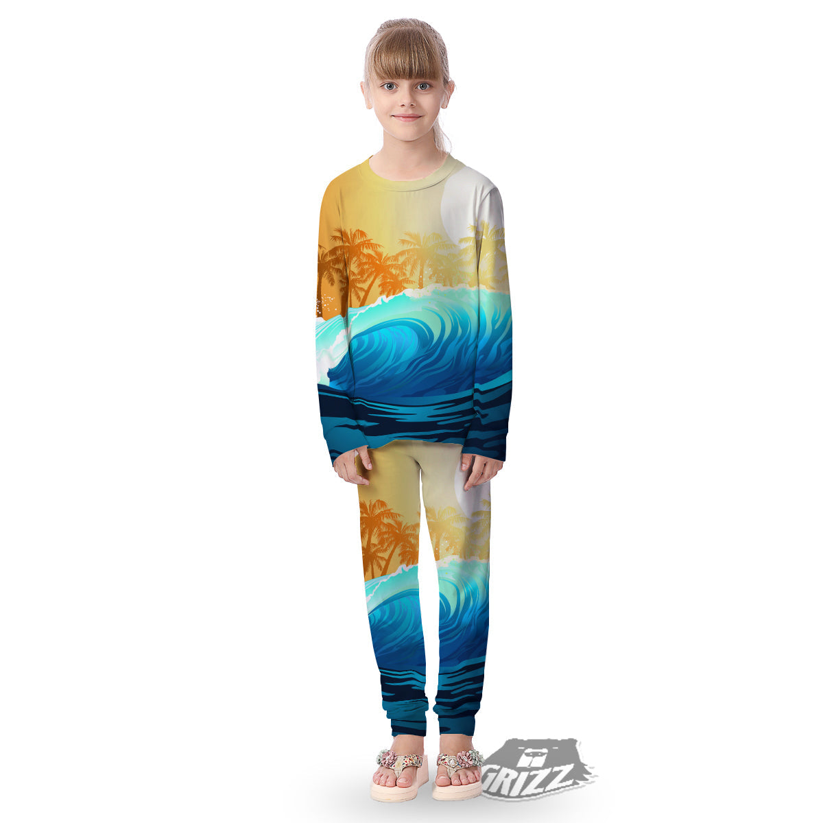 Sunrise Tropical Surfing Wave Print Kid's Pajamas-grizzshop