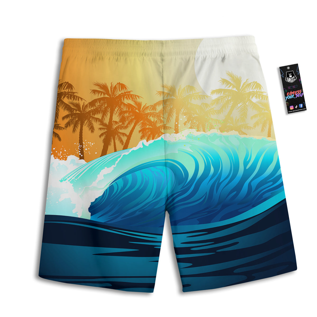 Sunrise Tropical Surfing Wave Print Men's Athletic Shorts