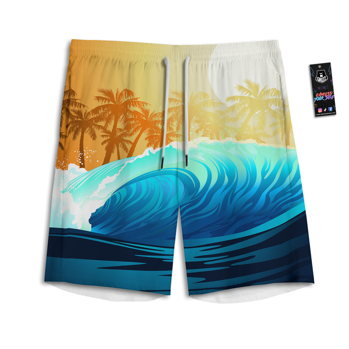 Sunrise Tropical Surfing Wave Print Men's Athletic Shorts