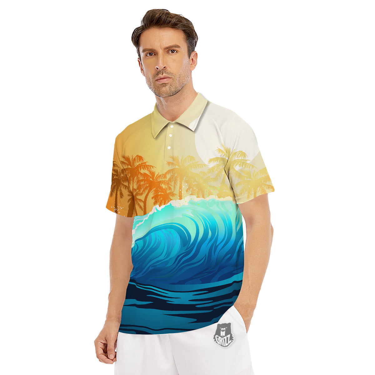 Sunrise Tropical Surfing Wave Print Men's Golf Shirts-grizzshop