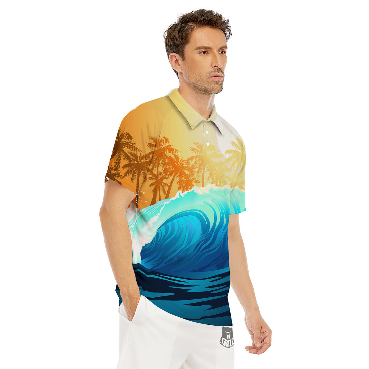 Sunrise Tropical Surfing Wave Print Men's Golf Shirts-grizzshop
