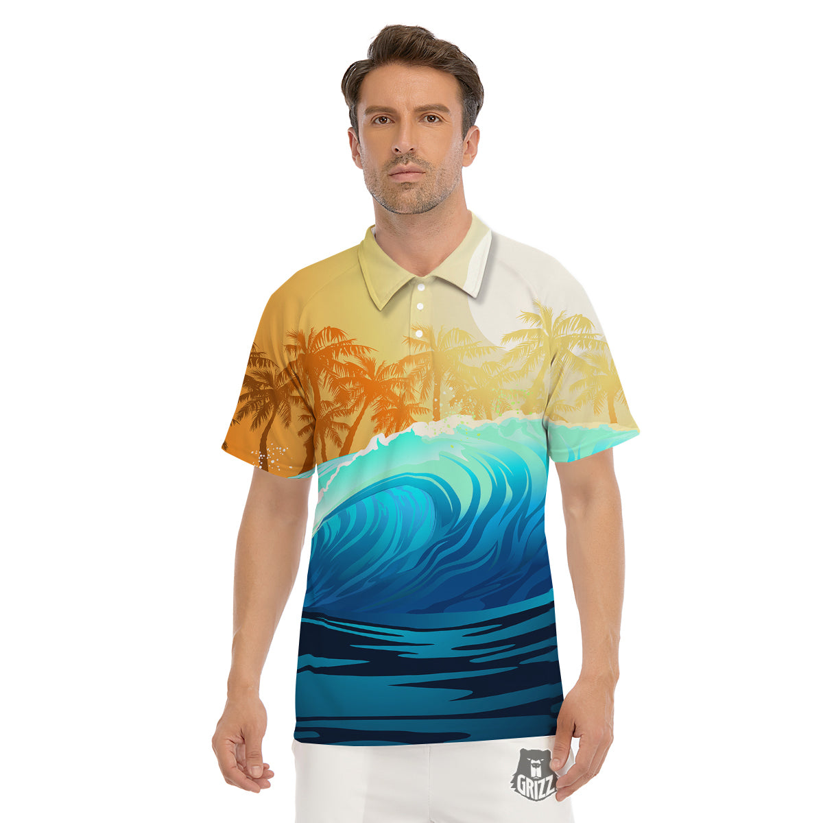 Sunrise Tropical Surfing Wave Print Men's Golf Shirts-grizzshop