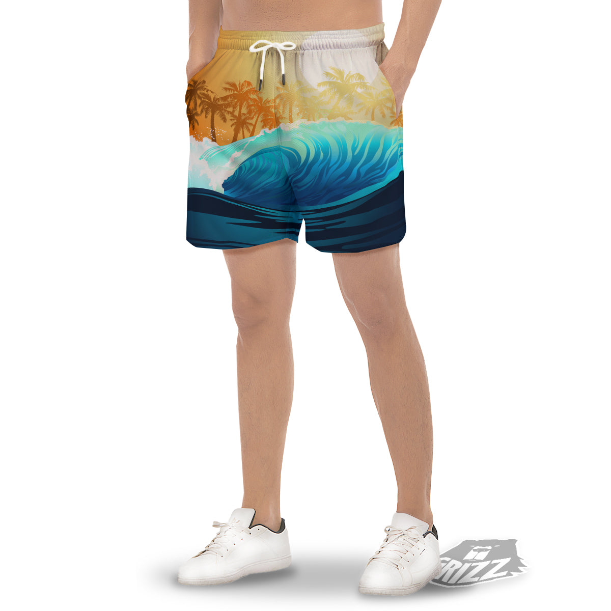 Sunrise Tropical Surfing Wave Print Men's Gym Shorts-grizzshop