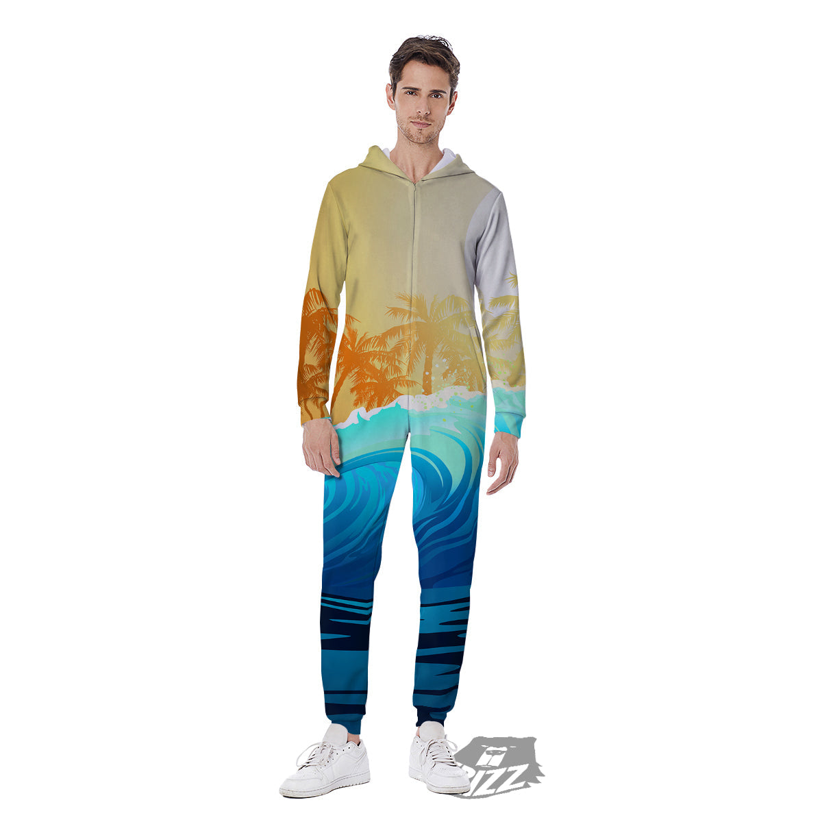 Sunrise Tropical Surfing Wave Print Men's Jumpsuit-grizzshop